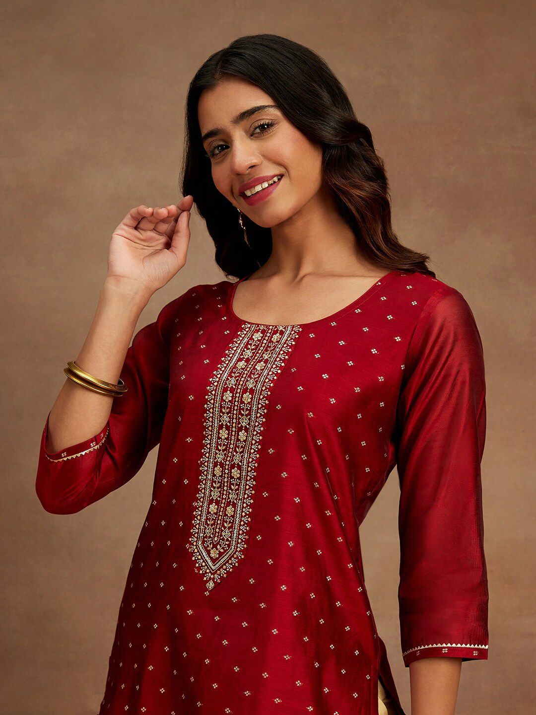 Libas Ethnic Motifs Woven Design Thread Work Detail Chanderi Silk Straight Kurta