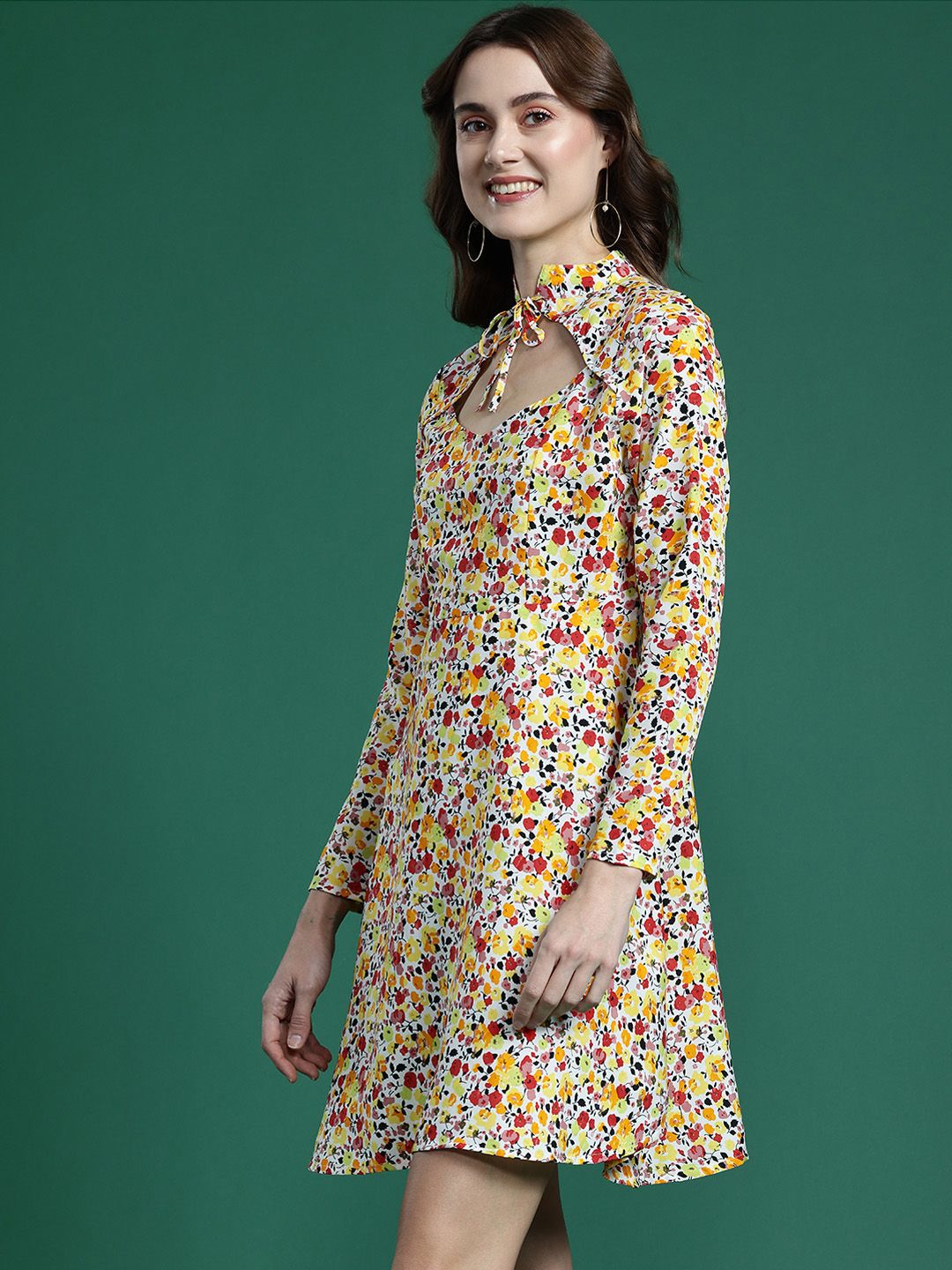 DressBerry Floral Print Tie-Up Neck Cut-Out Fit & Flare Mini Dress