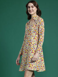 DressBerry Floral Print Tie-Up Neck Cut-Out Fit & Flare Mini Dress