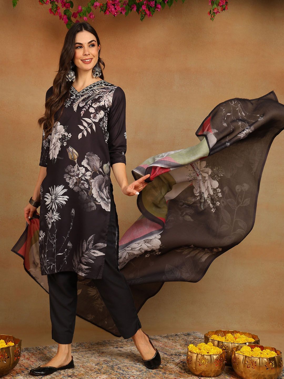KALINI Women Floral Printed Regular Sequinned Kurta with Trousers & With Dupatta