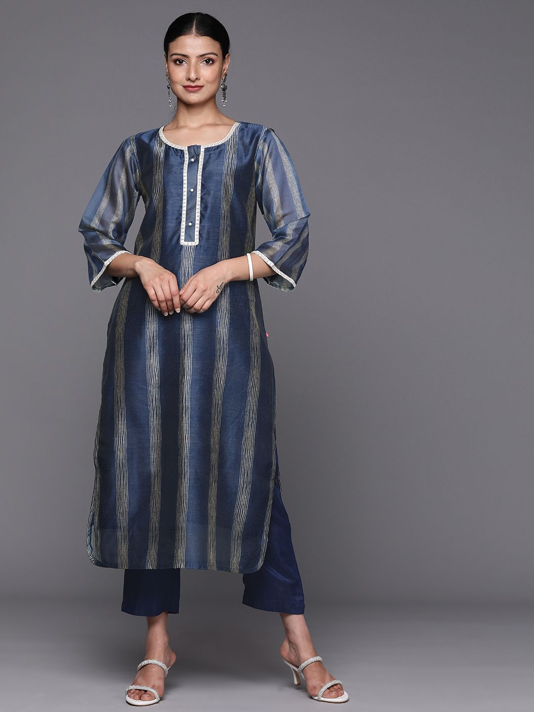 Varanga Women Navy Blue Printed Sequinned Chanderi Silk Kurta with Trousers