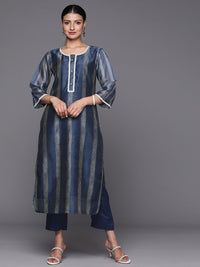 Varanga Women Navy Blue Printed Sequinned Chanderi Silk Kurta with Trousers