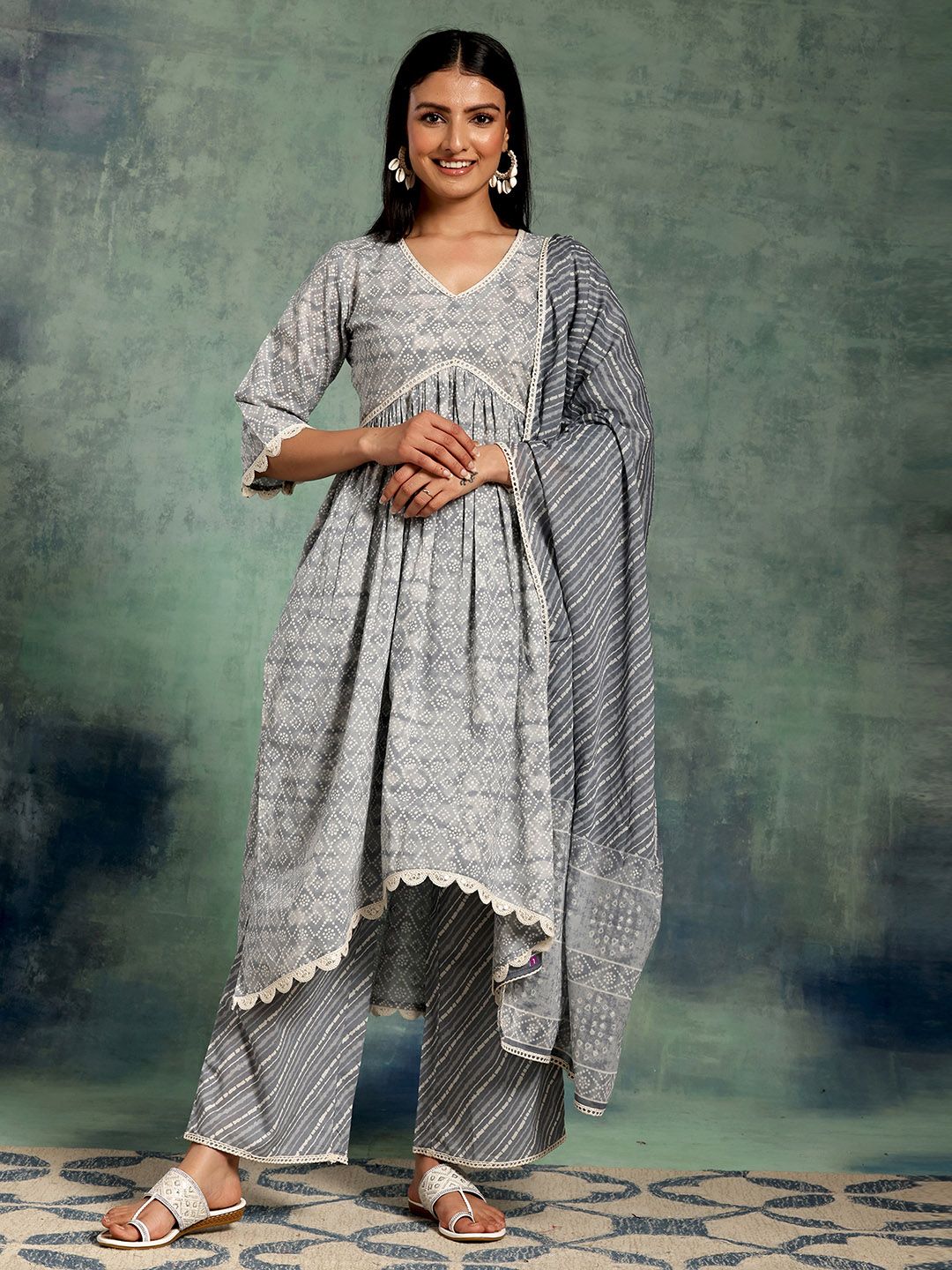 Libas Bandhani Printed Pleated Pure Cotton Kurta with Palazzos & With Dupatta