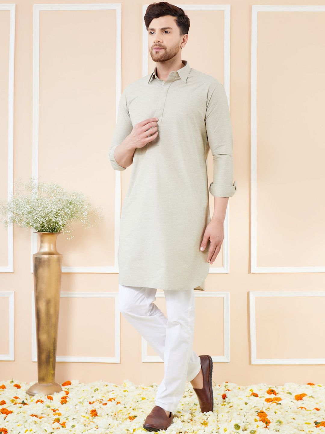 See Designs Regular Long Sleeves Shirt Collar Pure Cotton Kurta with Pyjamas