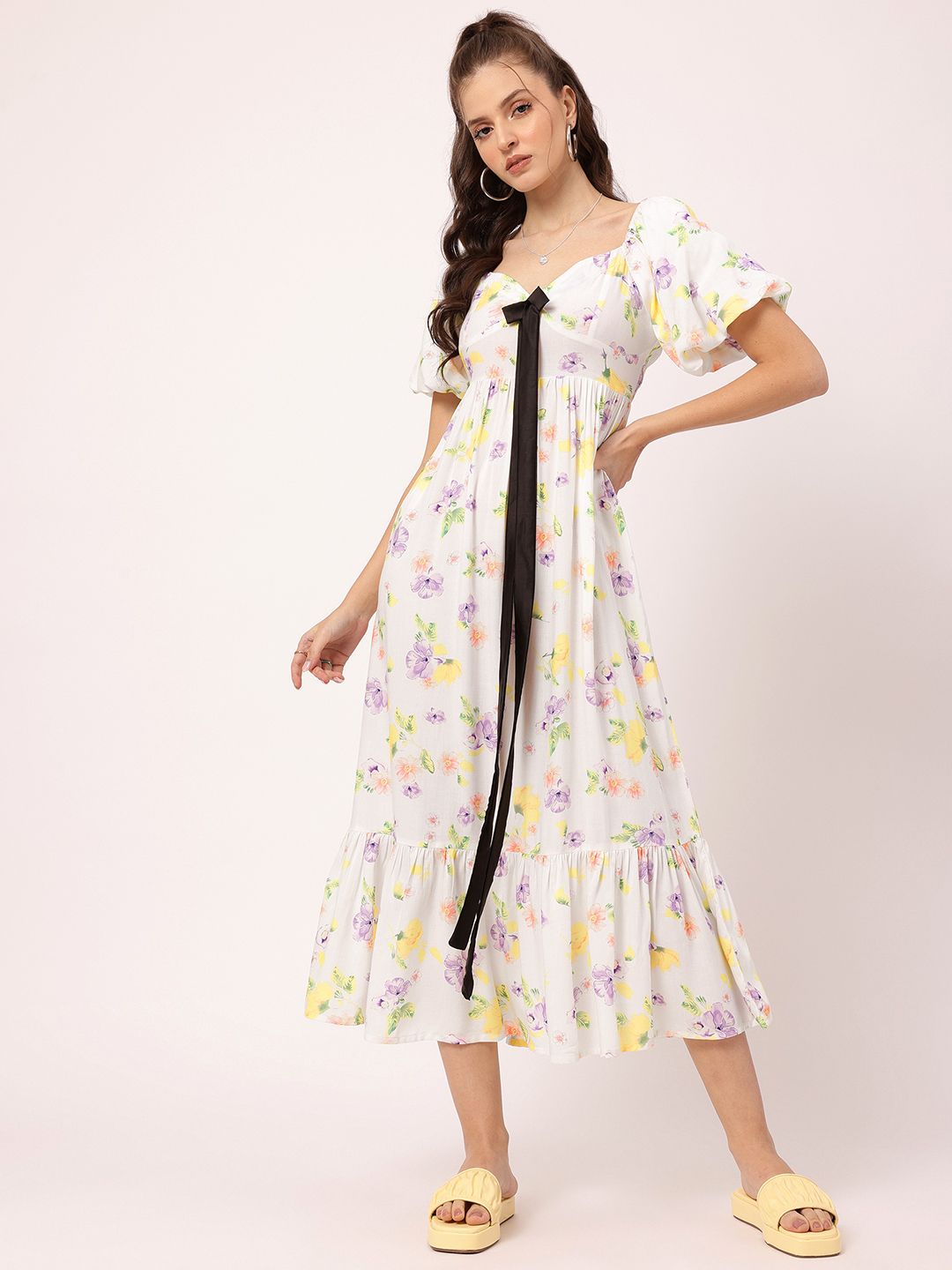 DressBerry Floral Galore Bow-Detail A-Line Midi Dress