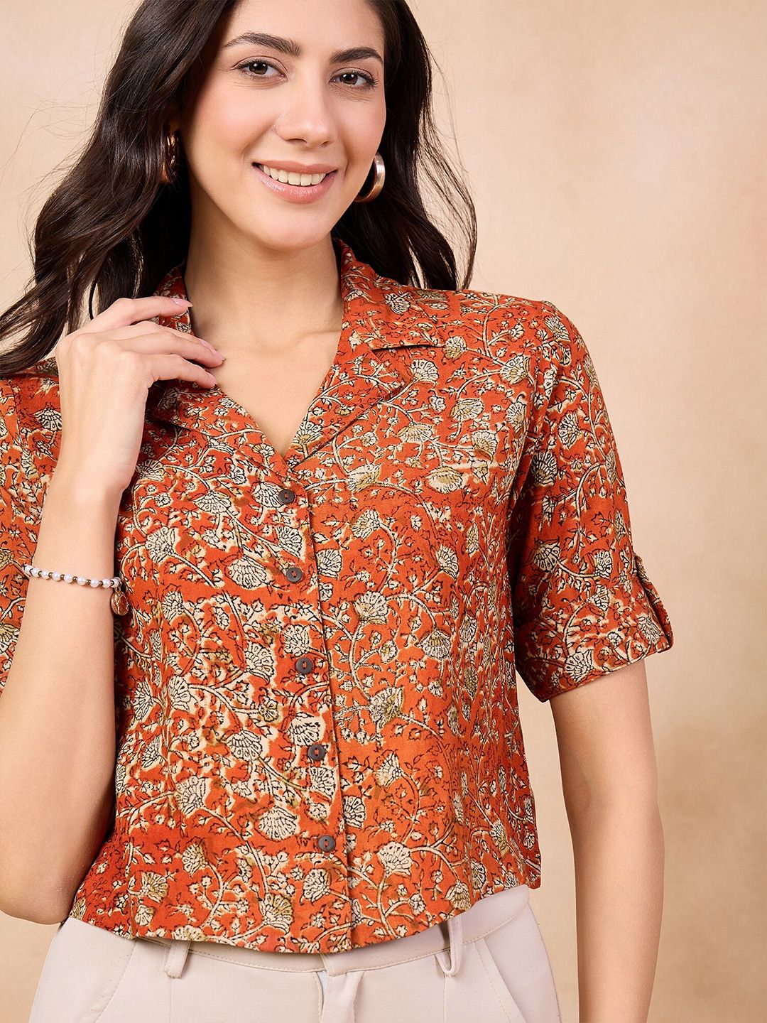 Anouk Rust Floral Print Cotton Shirt Style Top