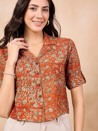 Anouk Rust Floral Print Cotton Shirt Style Top