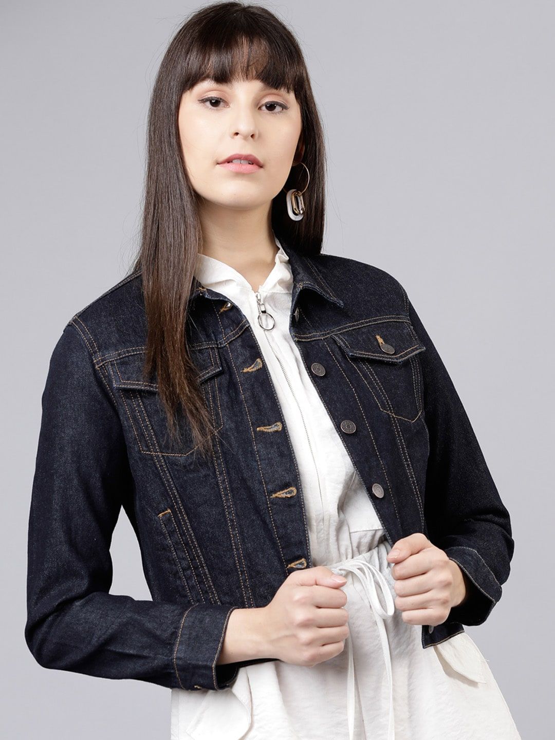 Tokyo Talkies Wanita Jaket Denim Pepejal Tentera Laut Biru