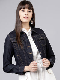 Tokyo Talkies Wanita Jaket Denim Pepejal Tentera Laut Biru