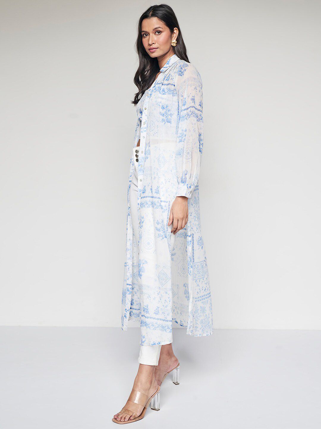 AND Floral Printed Shirt Collar Maxi Longline Top