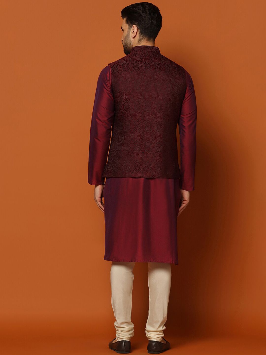 KISAH Mandarin Collar Regular Kurta with Churidar & Woven Design Nehru Jacket