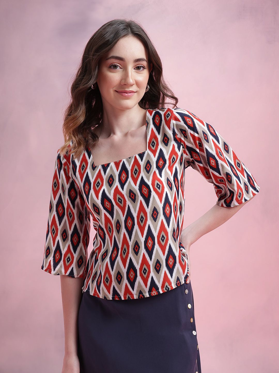 DressBerry Ikat Print Flared Sleeve Top