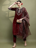 Vishudh Women Floral Embroidered Knitted Velvet Kurta with Trousers & With Dupatta