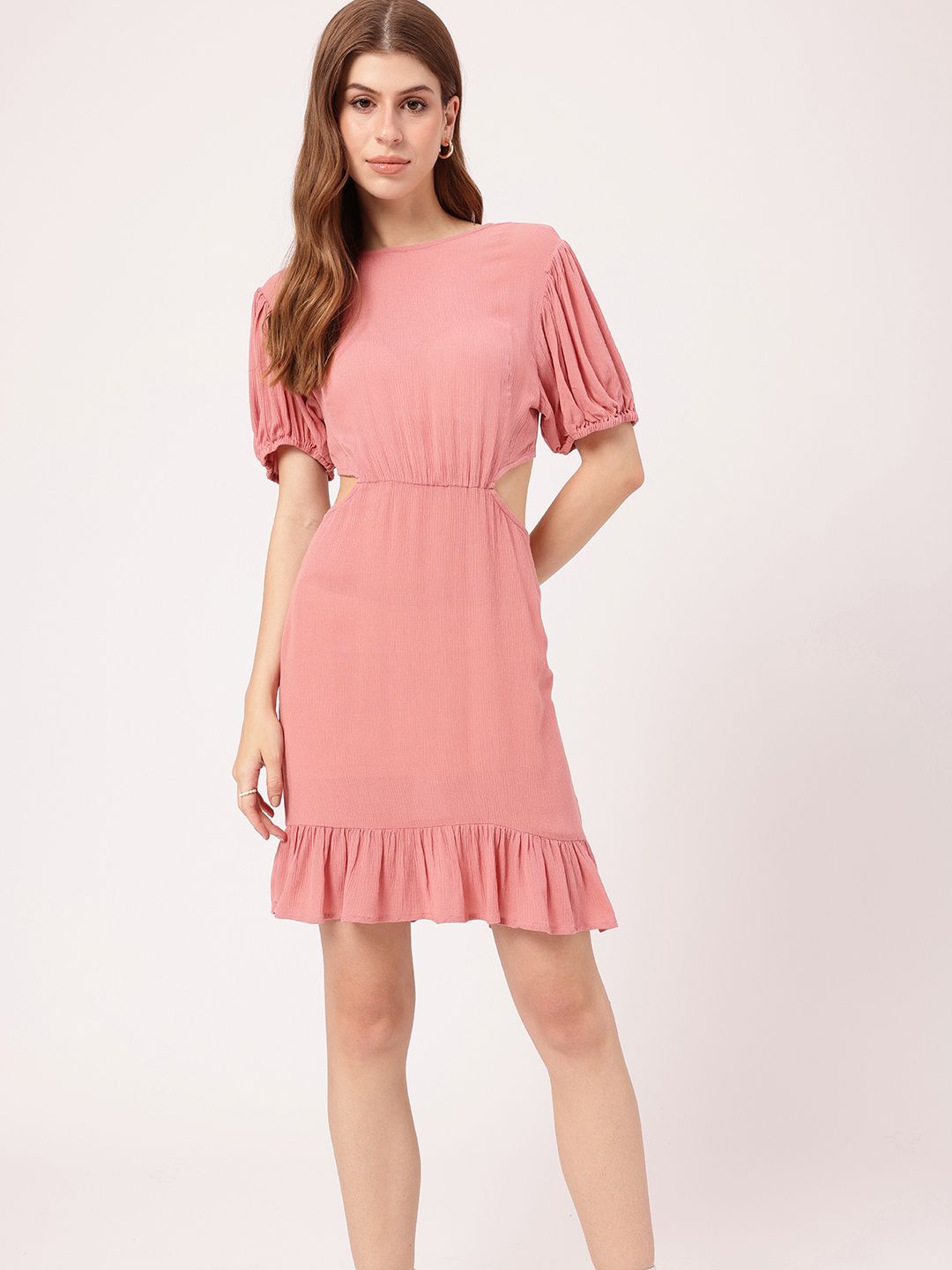 Edgy Cute Touch Puff Sleeves Cut-Outs Styled Back Sheath Mini Dress