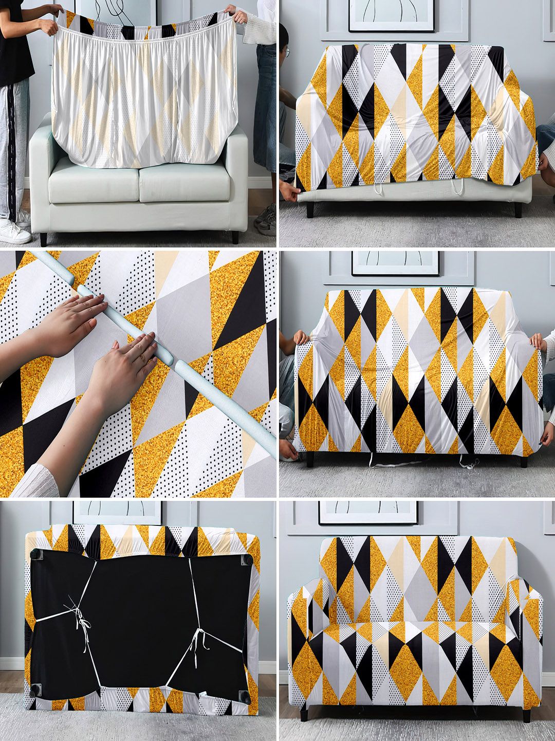Cortina White & Yellow Printed 3-Seater Stretchable Non-Slip Sofa Slipcover