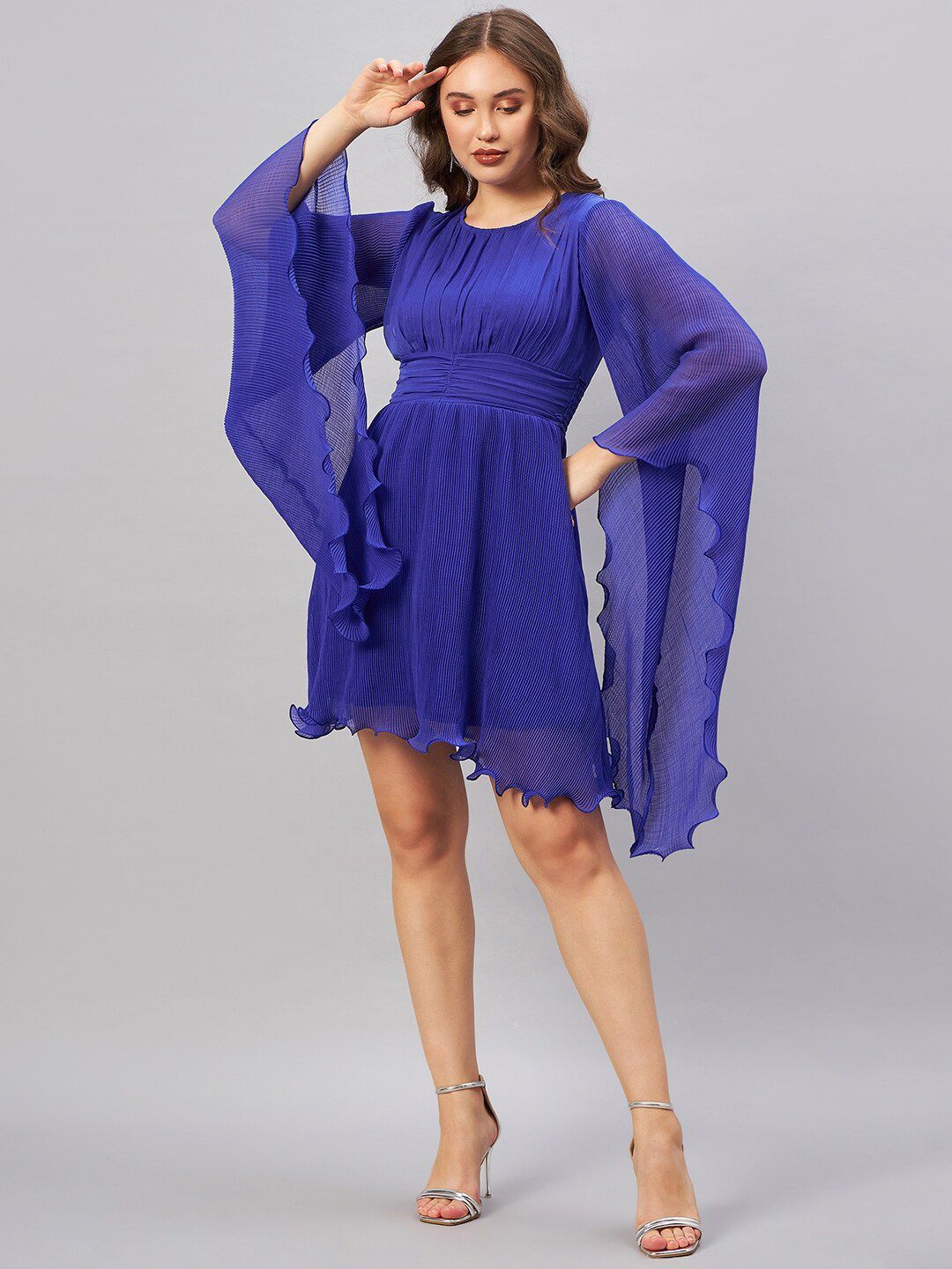 Antheaa Blue Long Flared Sleeve Smocked Accordion Pleated Fit & Flare Dress