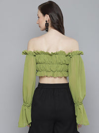 SASSAFRAS Green Halter Neck Georgette Blouson Crop Top
