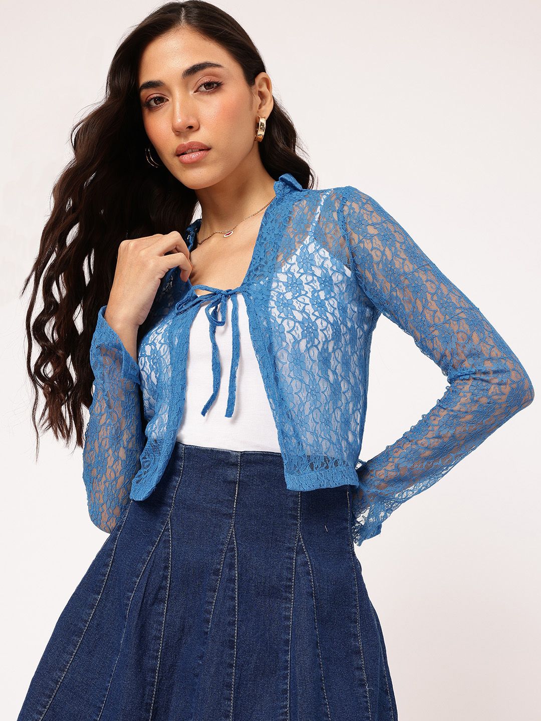 DressBerry Sunkissed-Style Front-Open Tie-Up Neck Sheer Lace Shrug