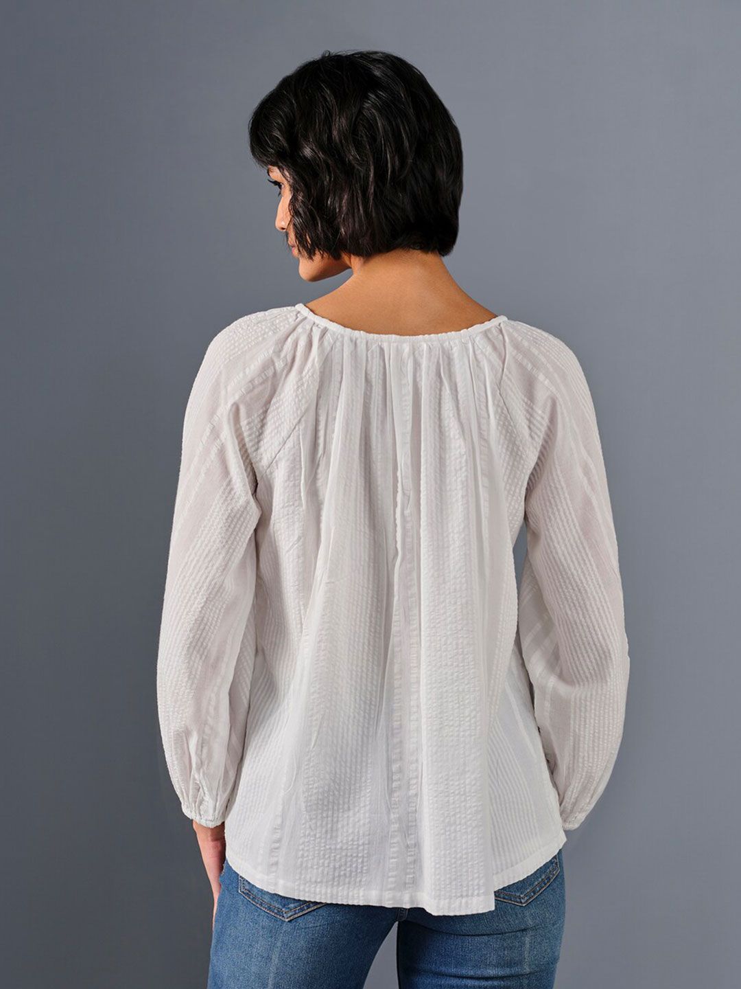 AND Tie-Up Neck Puff Sleeve Pure Cotton  A-Line Top