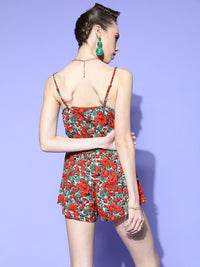 Berrylush Women Red & Green Floral Print Playsuit