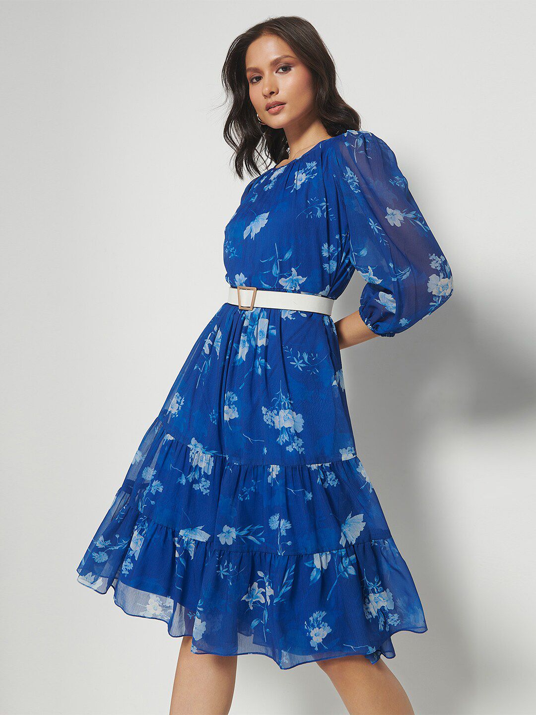 AND Floral Printed Puff Sleeves Gathered Detailed Fit & Flare Dress
