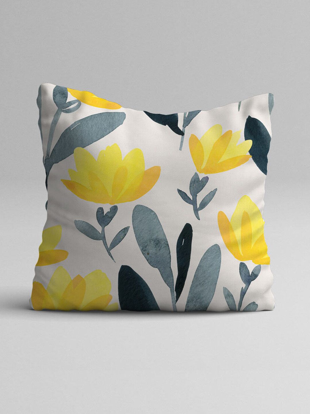 STITCHNEST Yellow & White Set of 2 Floral Printed Square Cushion Covers