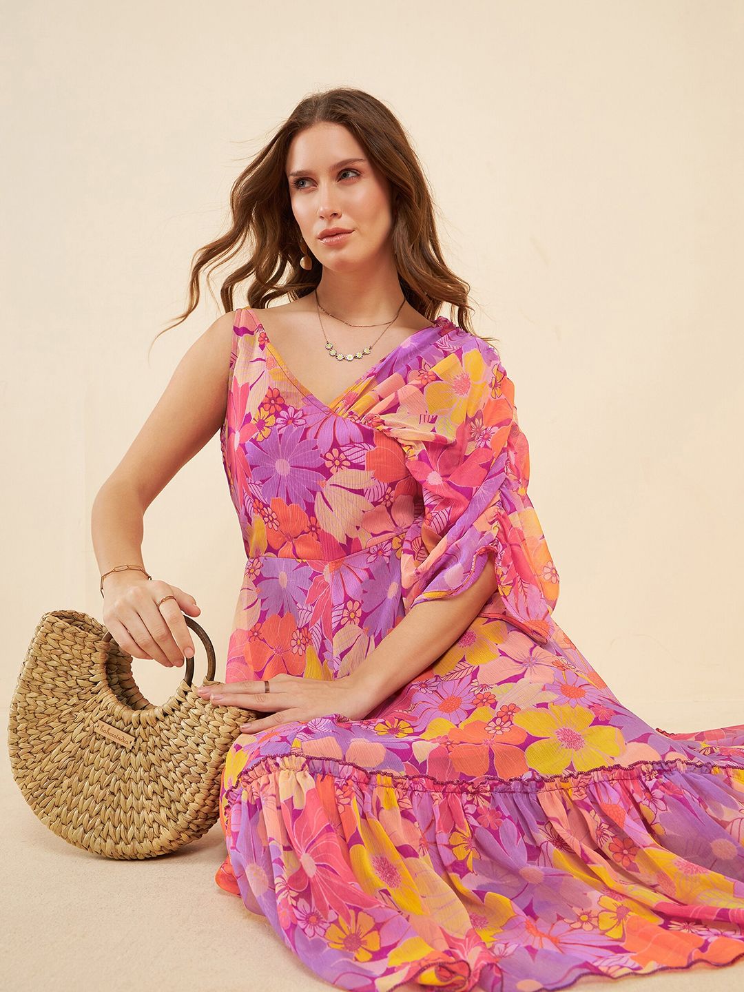 Antheaa Pink Floral Printed V-Neck Gathered Detailed Chiffon Fit & Flare Midi Dress