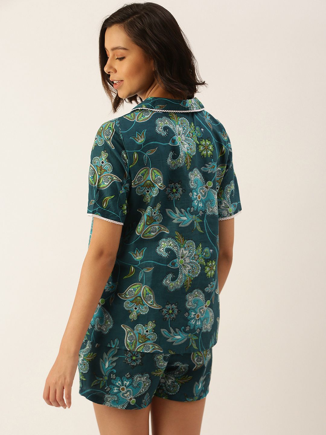 SANSKRUTIHOMES Women Green Pure Cotton Printed Shorts Set