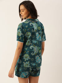 SANSKRUTIHOMES Women Green Pure Cotton Printed Shorts Set