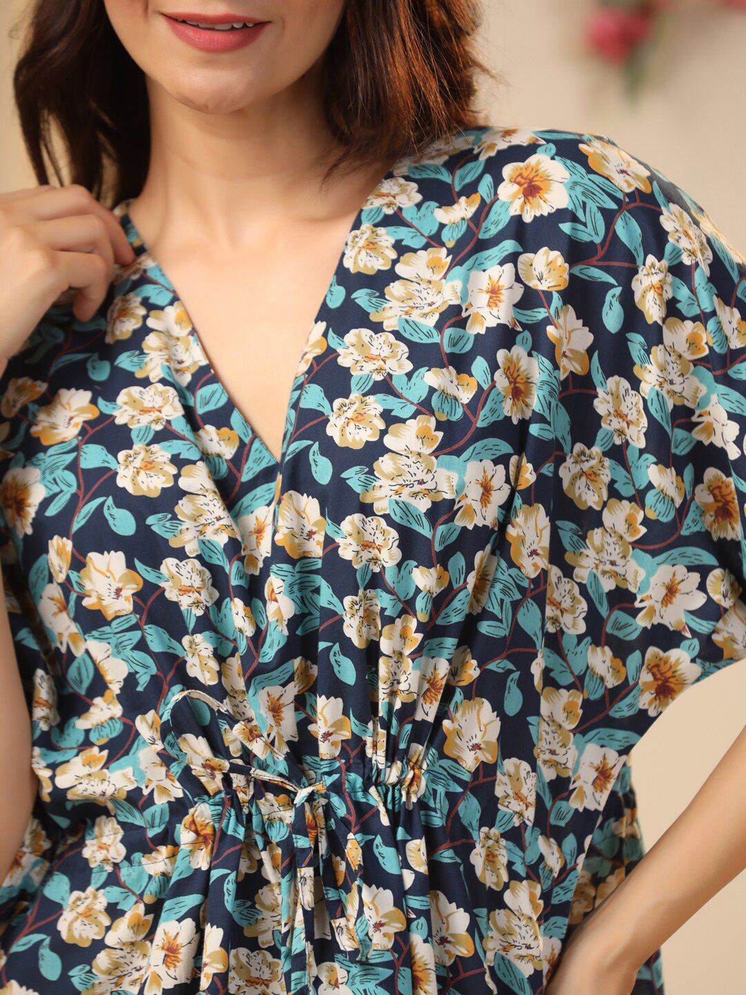 SANSKRUTIHOMES Navy Blue Floral Printed Pure Cotton Maxi Nightdress