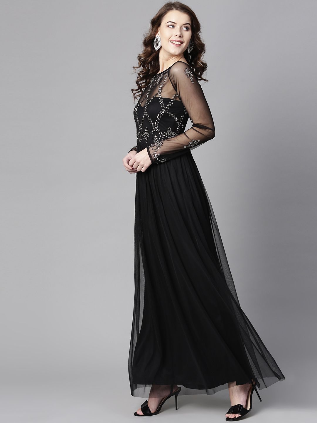 STREET 9 Women Black Solid Maxi Dress with Embellished Detail