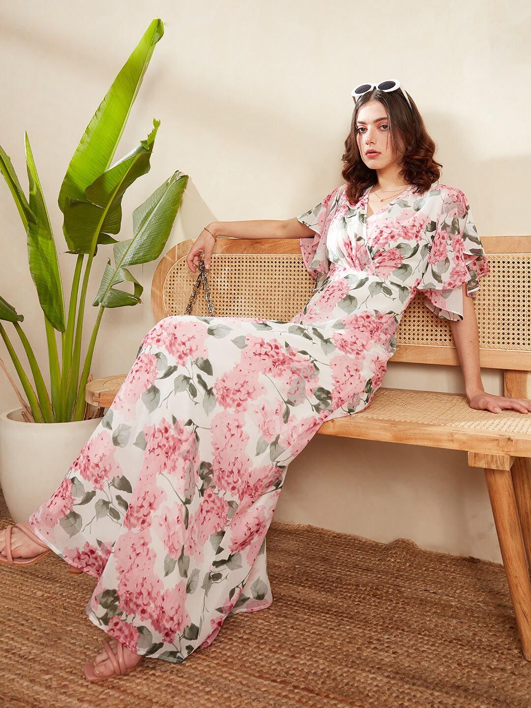 Berrylush White Floral Printed Flutter Sleeve Gathered Georgette Wrap Dress