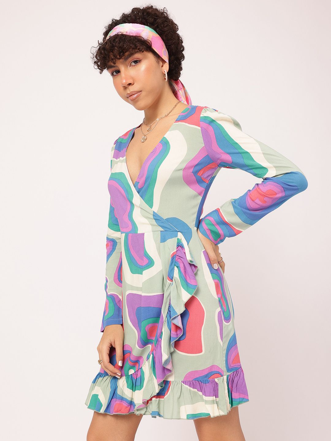 DressBerry Allure Aura Printed Ruffled Wrap Mini Dress