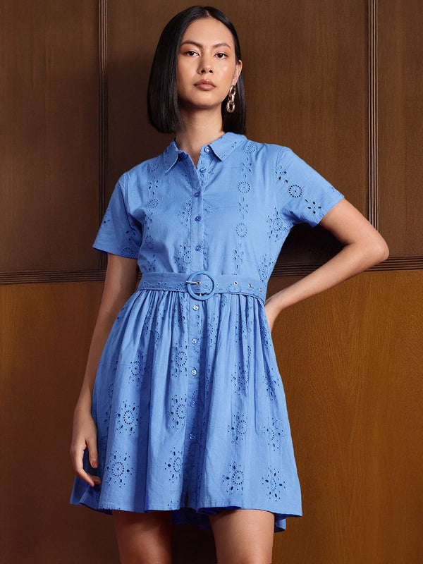 all about you Schiffli Pure Cotton A-Line Dress with Belt