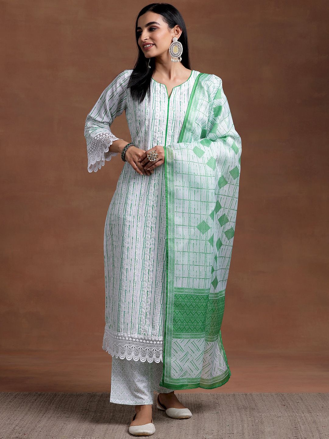 Libas Notched Neck Flared Sleeves Floral Embroidered Straight Kurta with Palazzo & Dupatta