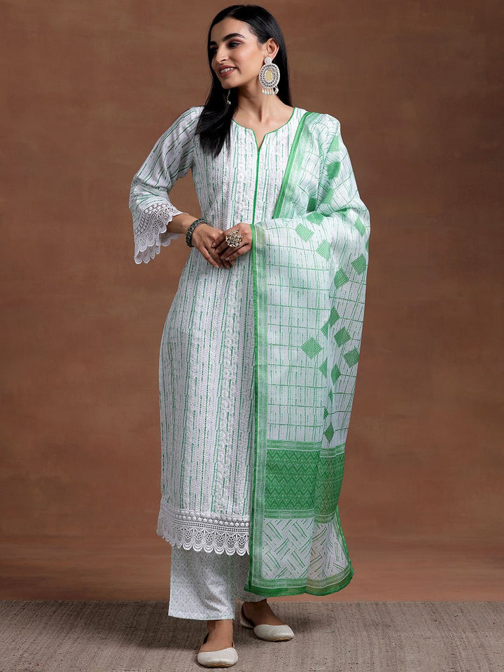 Libas Notched Neck Flared Sleeves Floral Embroidered Straight Kurta with Palazzo & Dupatta