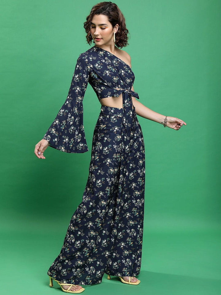 Tokyo Talkies Floral Printed One Shoulder Crop Top With Printed Palazzos