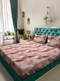 KLOTTHE Rust & White Printed Pure Cotton 400 TC Double King Bedsheet With 2 Pillow Covers