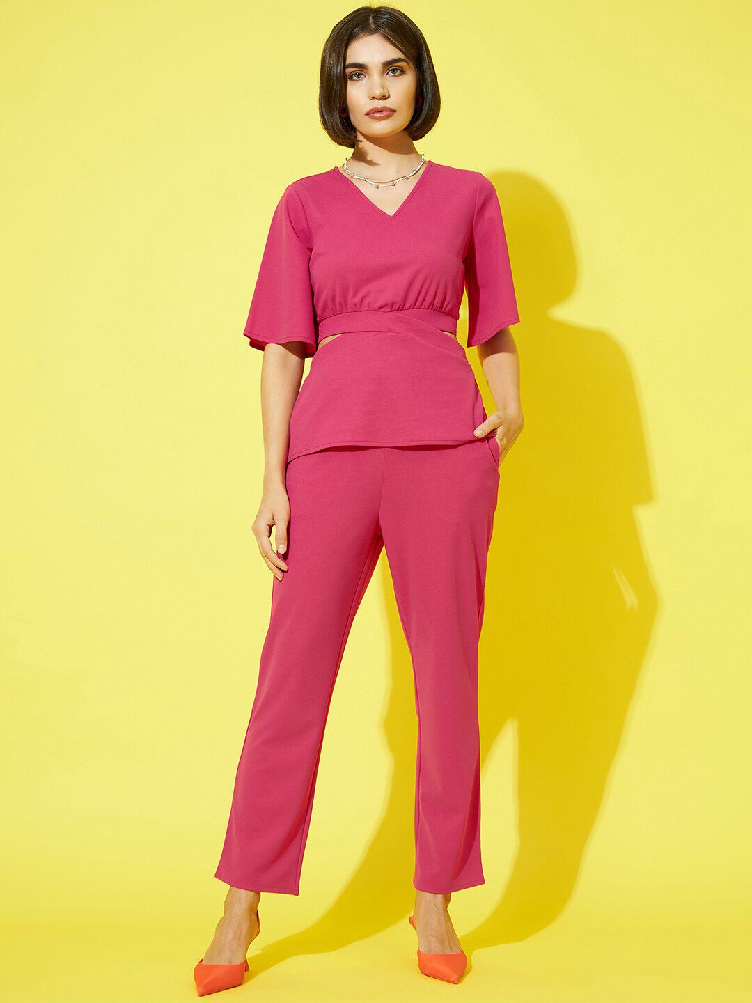 Athena Women Pink Solid V-Neck Top and Trousers