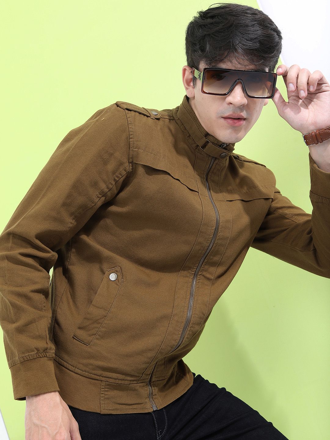 HIGHLANDER Men Khaki Solid Bomber Jacket