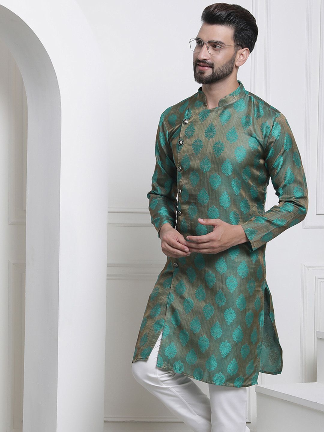 SOJANYA Woven Design Mandarin Collar Silk Cotton Angrakha Kurta