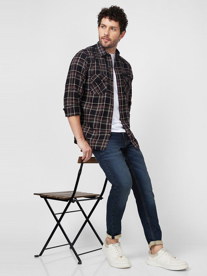SPYKAR Tartan Checked Spread Collar Denim Casual Cotton Shirt