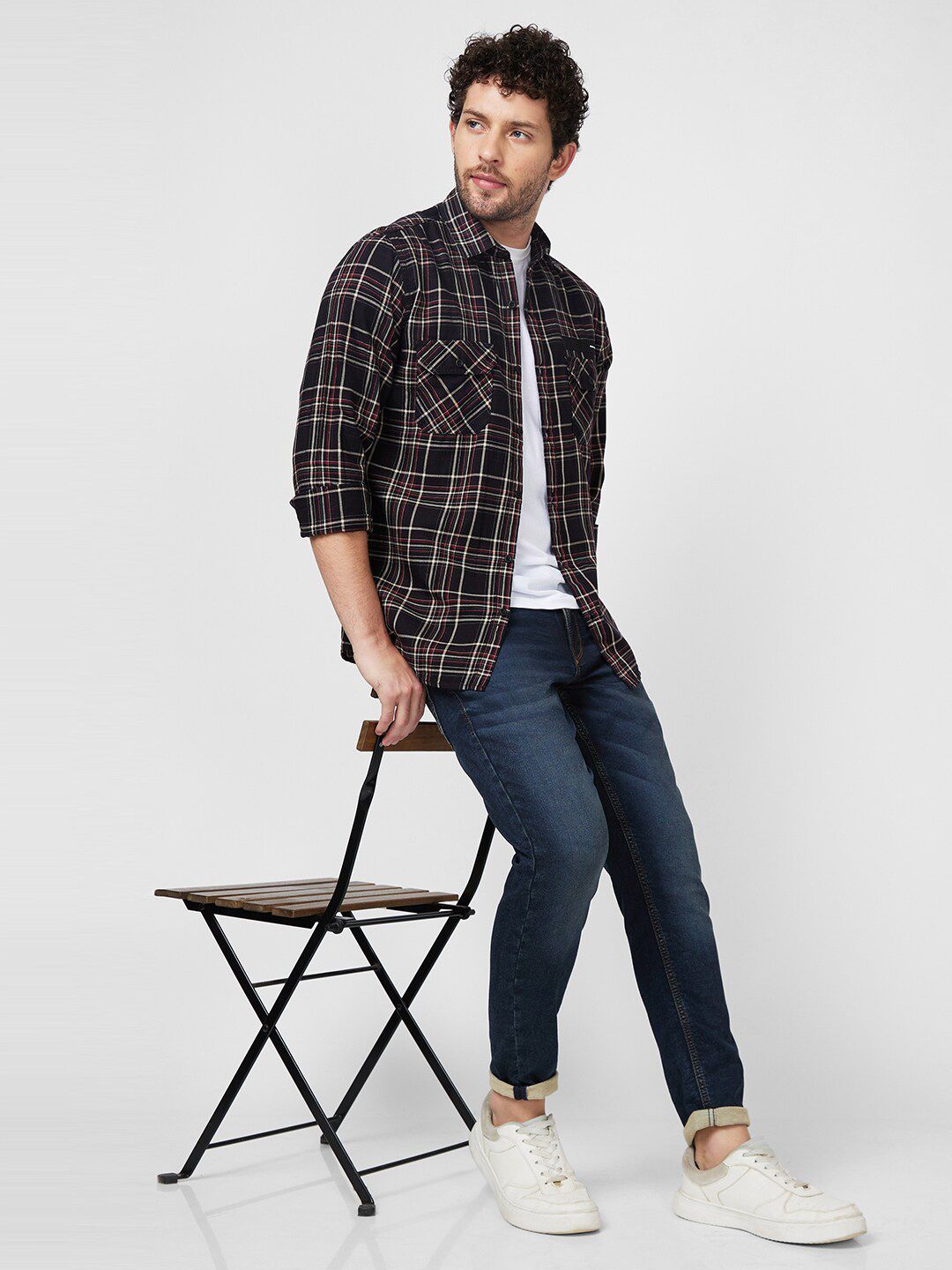 SPYKAR Tartan Checked Spread Collar Denim Casual Cotton Shirt