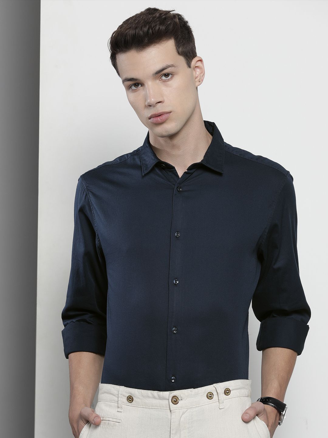 The Indian Garage Co Men Navy Blue Solid Comfort Casual Shirt
