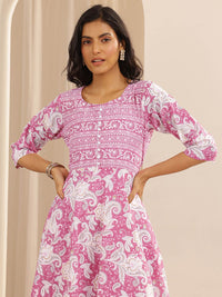 Libas Floral Printed Pure Cotton Anarkali Kurta With Trousers & Dupatta