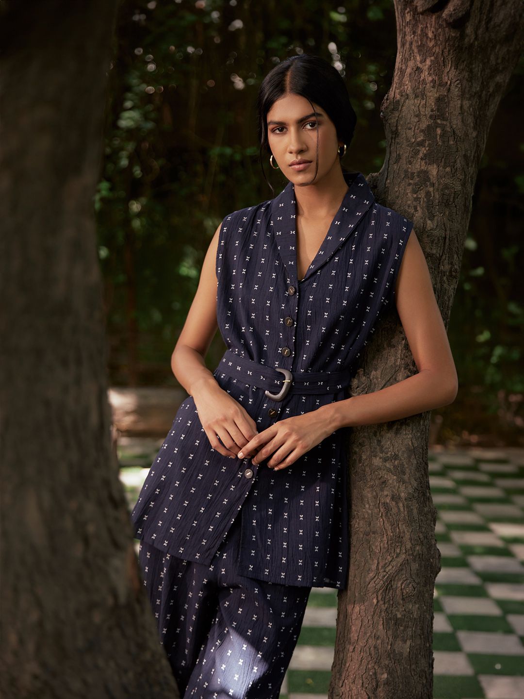 W Navy Blue Geometric Printed Regular Pure Cotton Kurta with Trousers