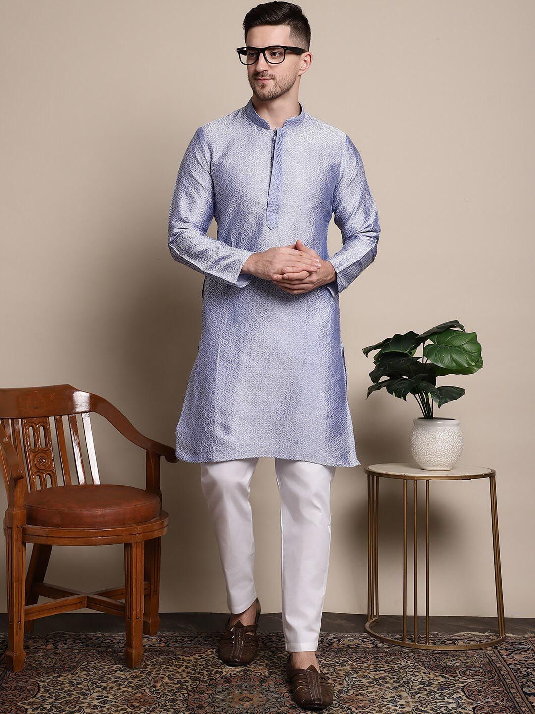 Anouk Blue & White Ethnic Motifs Woven Design Mandarin Collar Kurta with Pyjamas