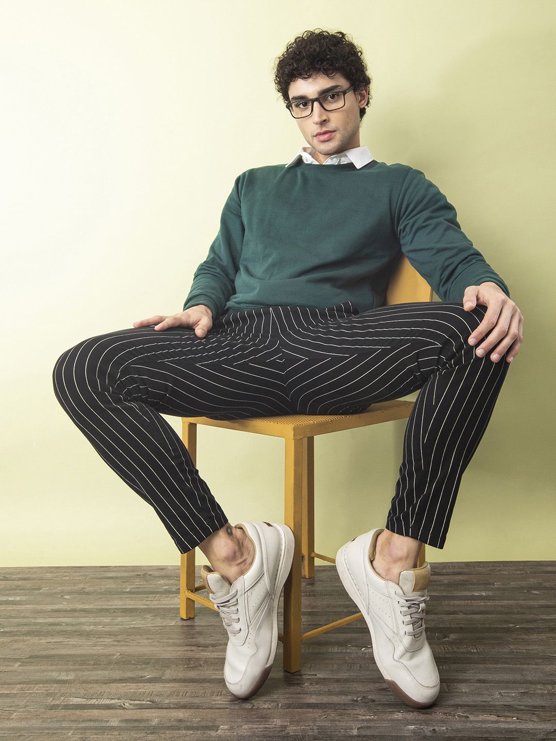 The Indian Garage Co Men Black & White Slim Fit Striped Regular Trousers