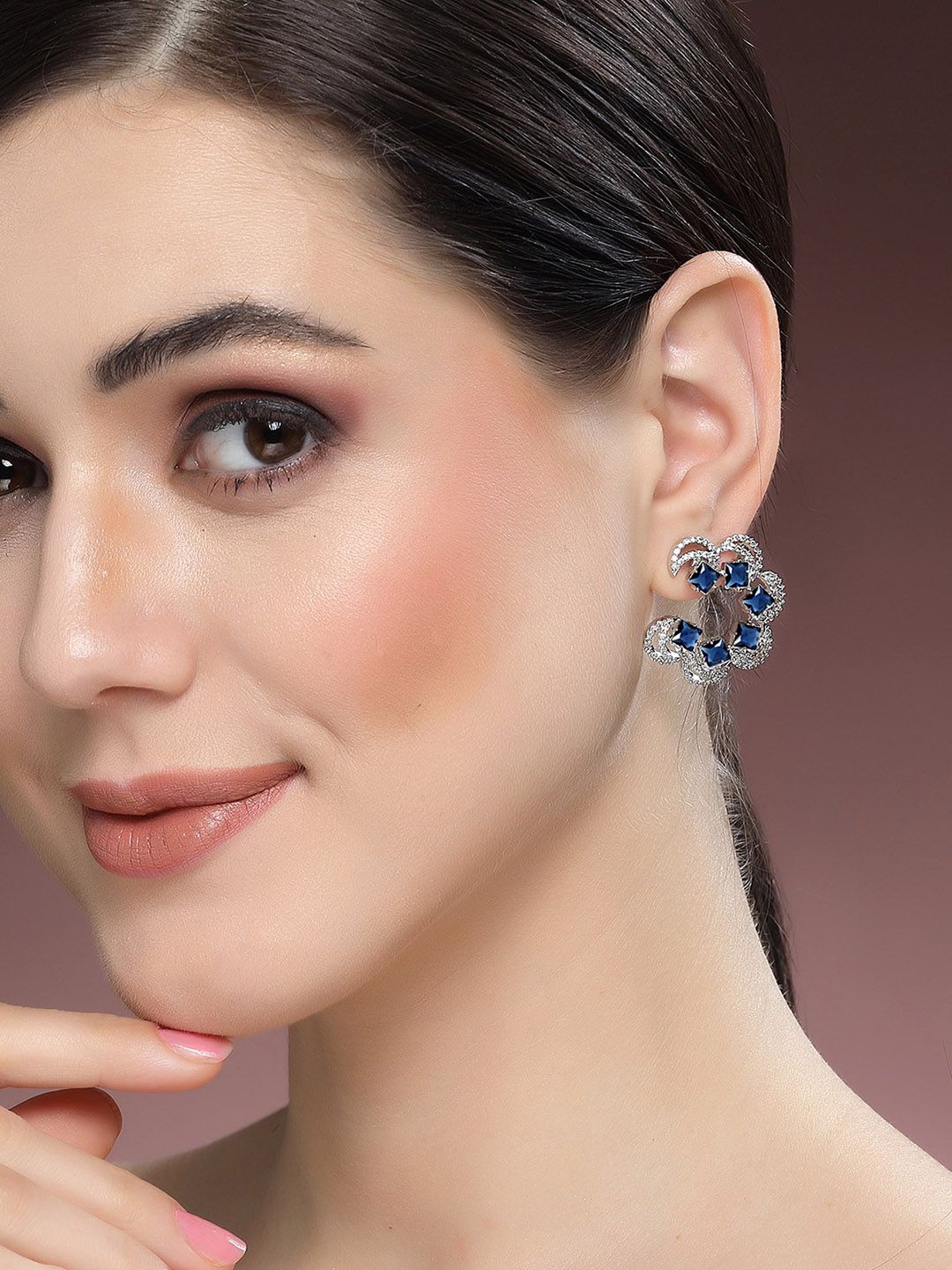 KARATCART Silver-Plated Cubic Zirconia Studded Half Hoop Earrings