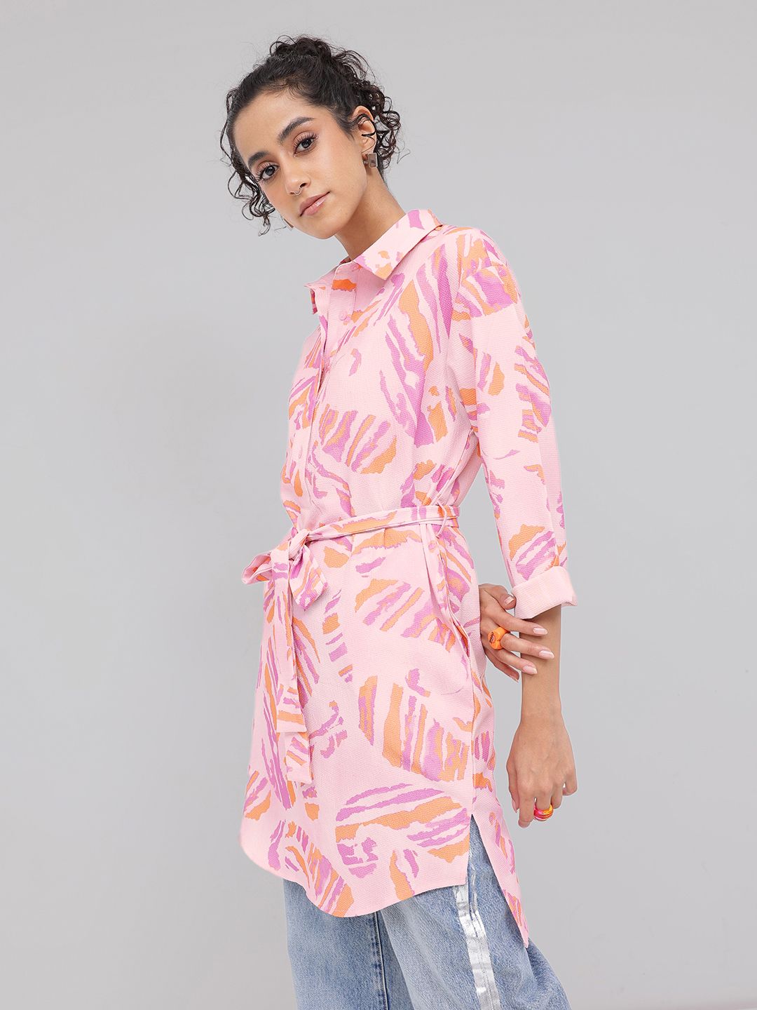 DressBerry Heritage-Inspired Printed Waist Tie-Up Shirt Style Longline Top